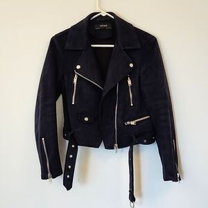 Zara basic navy Faux suede multi zip moto style cropped jacket size S